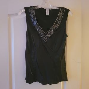 NWOT Nine West Black Silk Shirt with Beaded Embellished Neckline